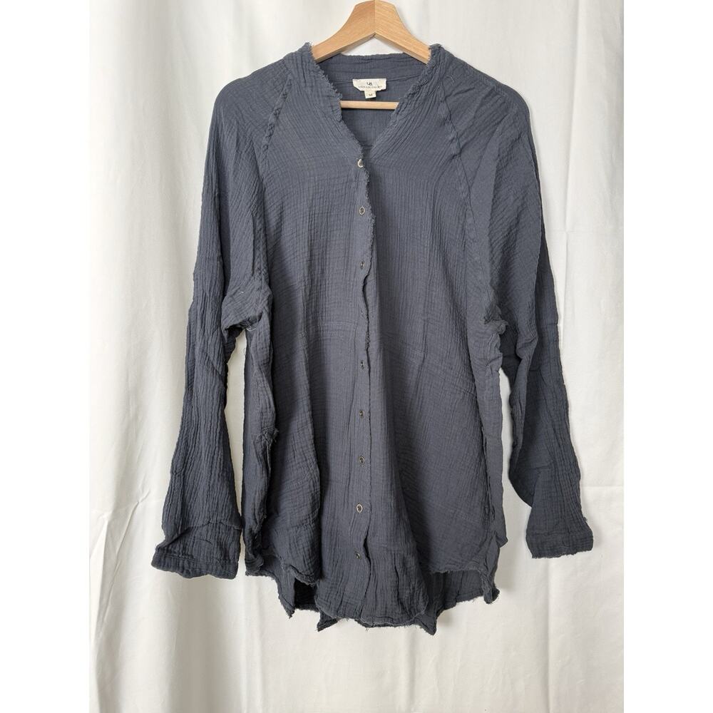 Urban Daizy Womens Textured Cotton Button-Up Shirt Blue Gray Size M Comfy Casual